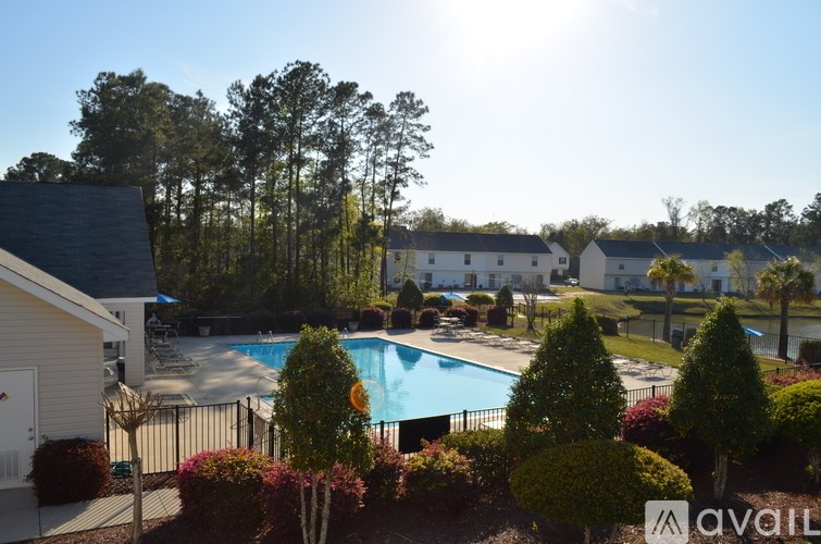 A pool surrounded by trees and bushes with a house in the background.