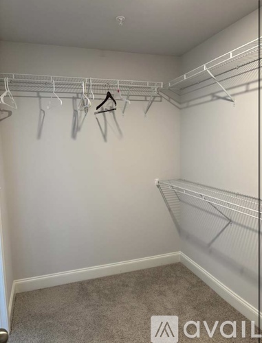 A white closet with a carpeted floor and a white wall.