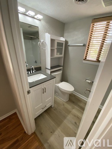 A bathroom with a toilet, sink, and mirror.