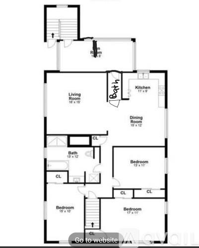 A floor plan of a house with labeled rooms and dimensions.
