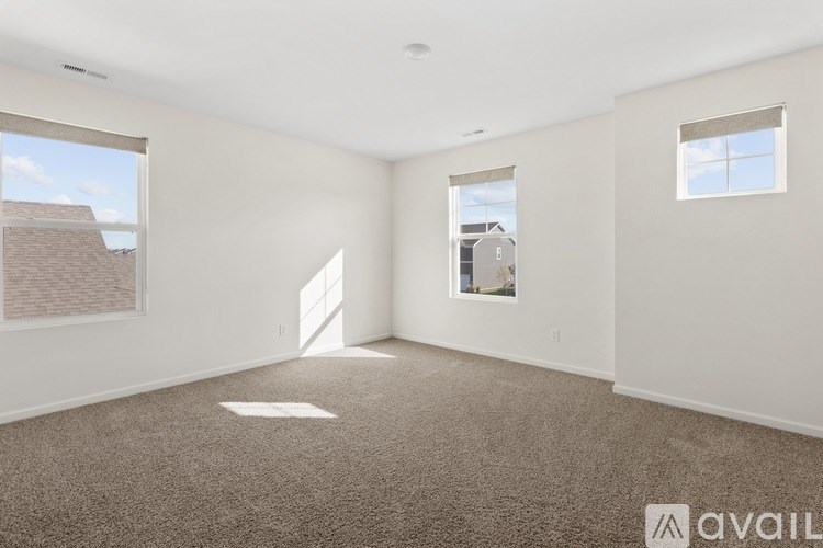 A room with a carpeted floor and two windows.