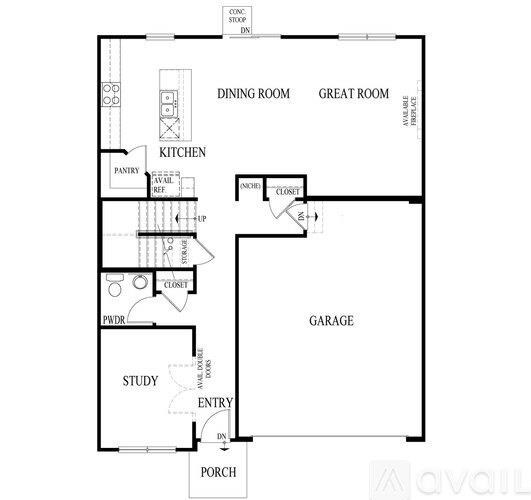 A floor plan of a house with a kitchen, study, and garage.