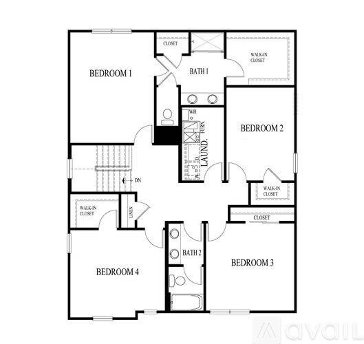 A floor plan of a house with four bedrooms and two bathrooms.
