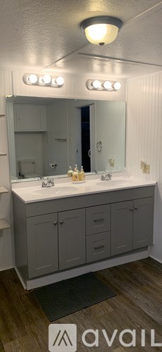 A bathroom with a vanity and a mirror.