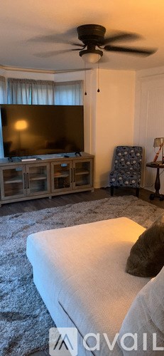 A living room with a flat screen TV and a ceiling fan.