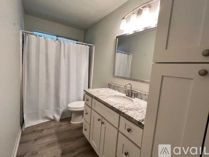 A bathroom with a toilet, sink, and shower.