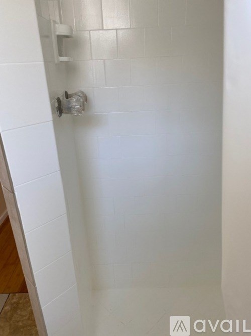 A white tiled shower with a glass door.