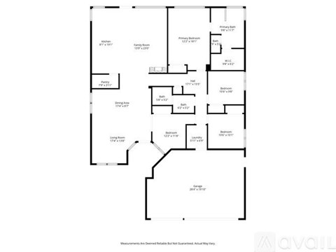 A floor plan of an apartment with a living room, dining room, kitchen, and two bathrooms.