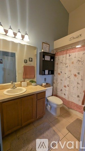 A bathroom with a sink, toilet, and shower curtain.