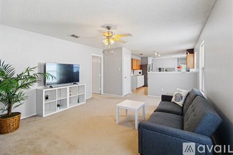 A living room with a grey couch and a television.