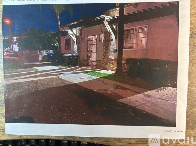 A nighttime street view with a building and palm tree.