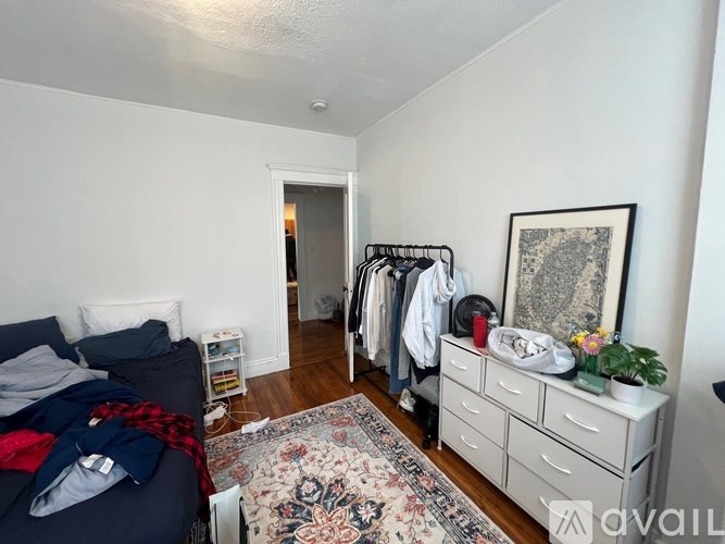 A bedroom with a bed, a dresser, and a rug.
