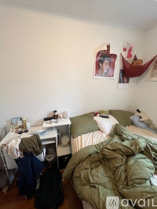 A room with a bed, desk, and hammock.