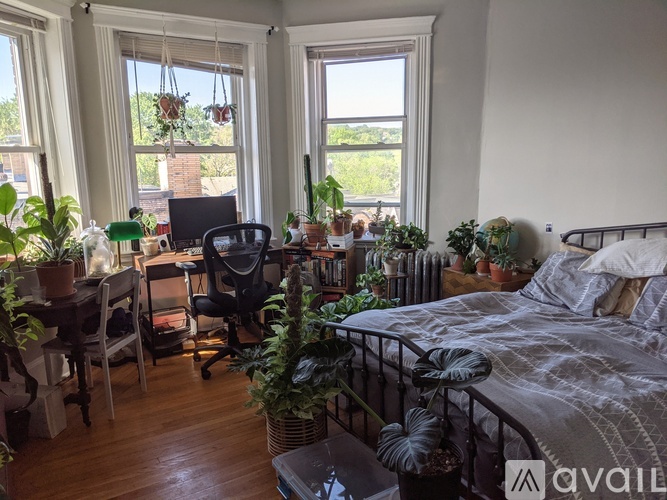 A bedroom with a bed, desk, chair, and plants.