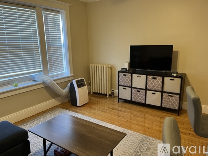 A living room with a television, a wood table, a sofa, a window with blinds, a radiator, and a cabinet with storage boxes.