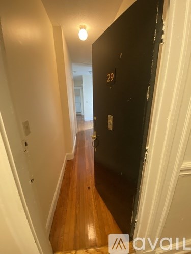 A hallway with a black door numbered 29.