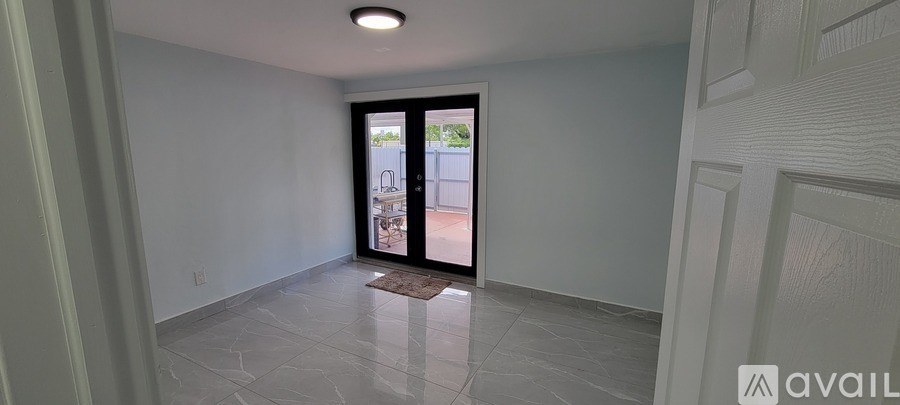 A room with a door leading outside and a rug on the floor.