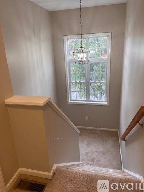 A carpeted stairway leads to a window with a view of trees.
