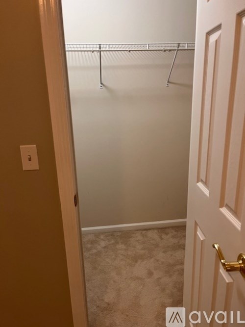 A white door with a gold handle is open to a hallway with a white wall and a white closet with a metal rod.