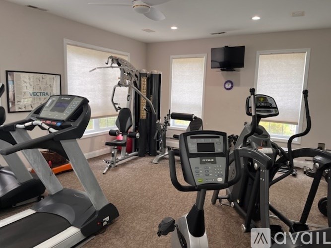 A well-equipped gym with treadmills, elliptical machines, and a television.