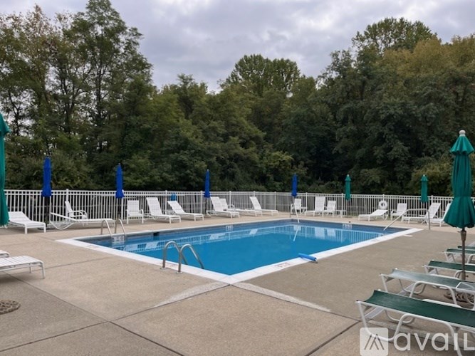 A pool surrounded by trees and chairs.