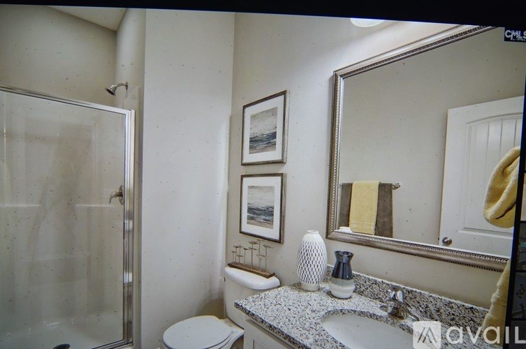 A bathroom with a sink, mirror, toilet and shower.