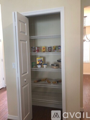 A white pantry door is open, revealing shelves with various food items.
