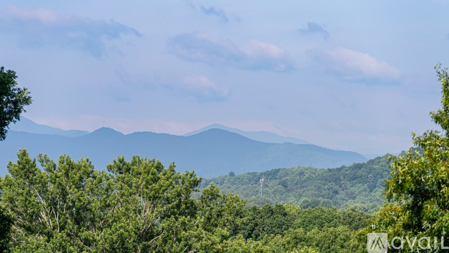 A mountain range with green trees in the foreground.