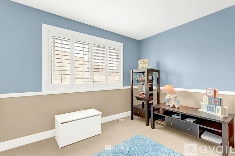 A room with a white shuttered window, a white chest of drawers, a wooden bookcase, and a blue rug.