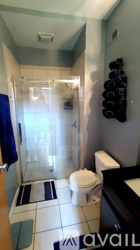 A bathroom with a toilet, sink, and shower.