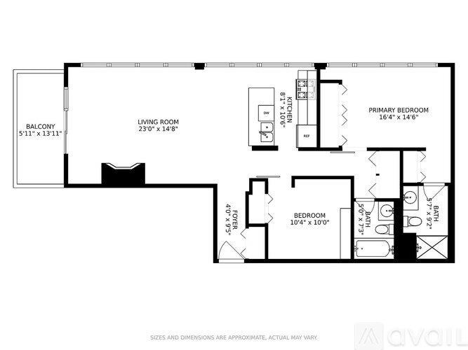 A floor plan of a house with a living room, two bedrooms, a balcony, and a kitchen.