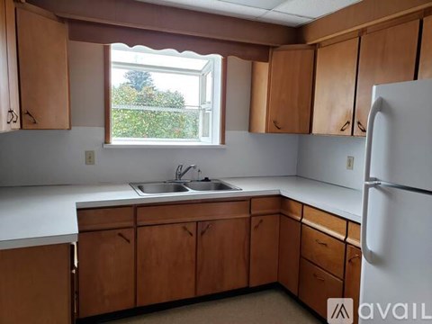 A kitchen with wooden cabinets and a white fridge.