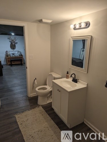 A bathroom with a toilet, sink and mirror.