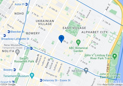 A map shows a section of Bowery Street and surrounding areas.