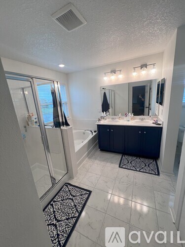 A bathroom with a mirror, lights, and a black and white rug.