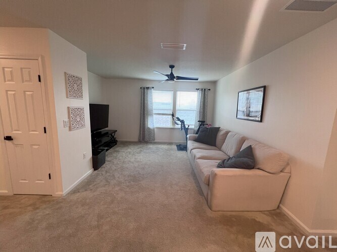 A living room with a couch, a television, and a ceiling fan.
