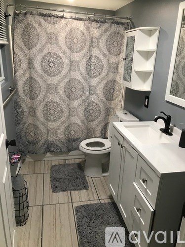 A bathroom with a toilet, sink, and shower curtain.