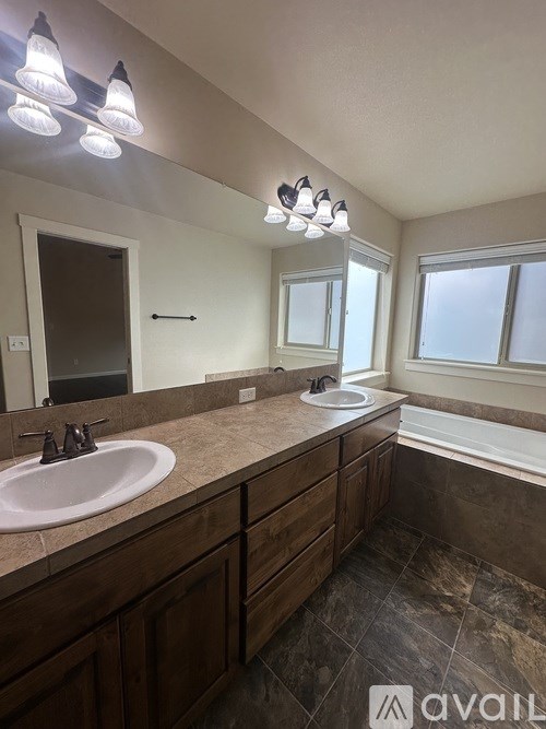 A bathroom with a double sink vanity and a large mirror.