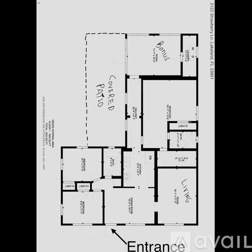 A floor plan of a building with a covered patio and an entrance.