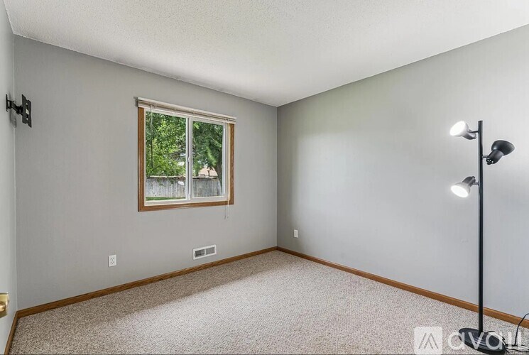 A room with a window and a carpeted floor.