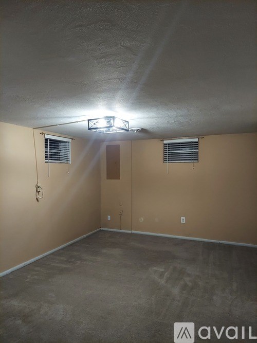 A room with a light on the ceiling and a door in the middle.