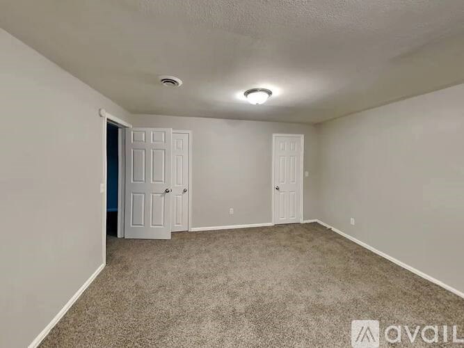 A room with two doors and a carpeted floor.