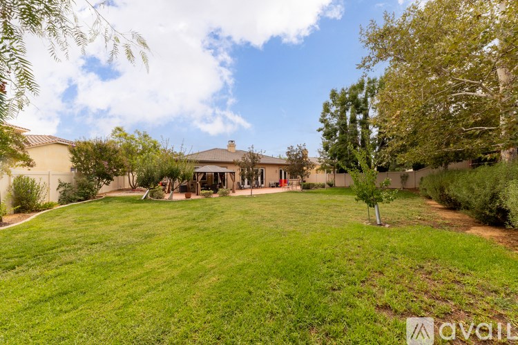 A grassy backyard with a house and trees in the background.