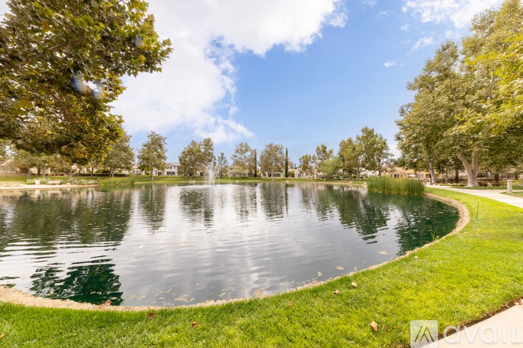 A serene park with a pond and trees.
