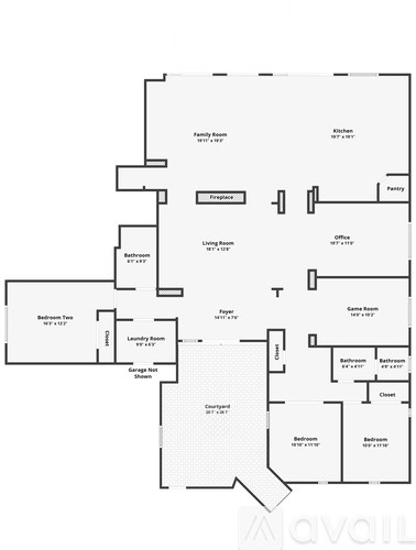 A floor plan of a house with labeled rooms such as Kitchen, Bathroom, Bedroom, and Office.