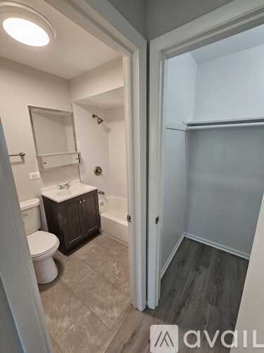 A bathroom with a toilet, sink, and a walk-in closet.