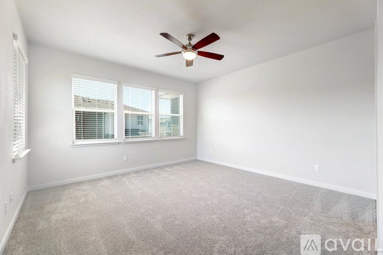A room with a ceiling fan and carpeted floor.