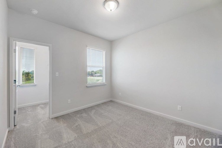 A room with a carpeted floor and two windows.