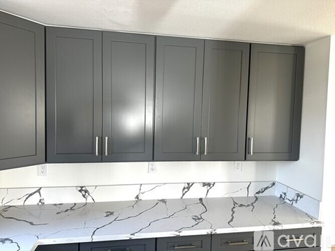 A kitchen with grey cabinets and marble countertops.