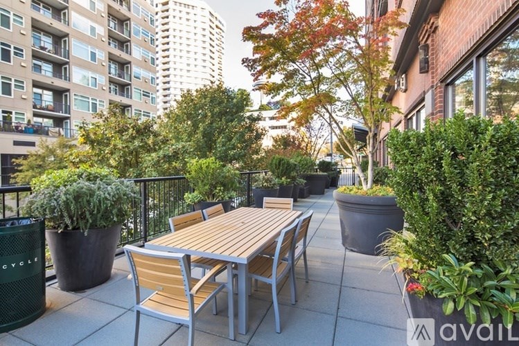 A wooden table and chairs are set up on a patio with potted plants and trees.